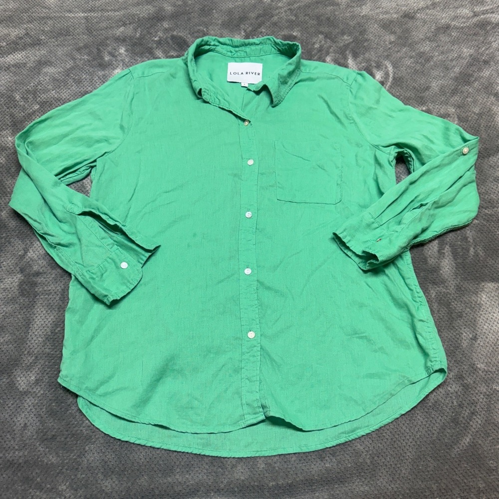 Lola River Green Linen Blend Button Down Shirt Long Sleeve Roll Tab Large
